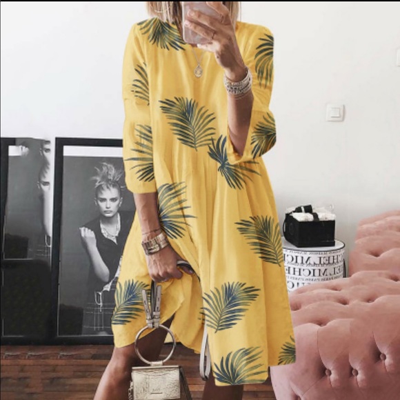 SHEIN Dresses & Skirts - NWT SHEIN yellow palm leaf dress. Crew neck, Sz L